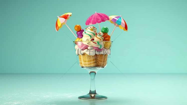 插图 3D 玻璃冰淇淋，上面有