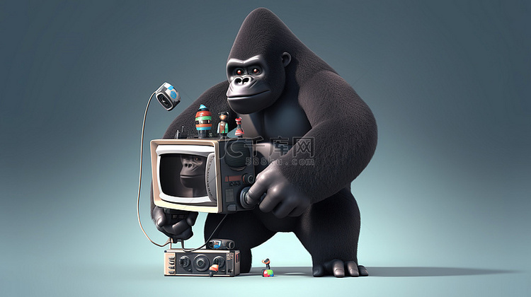 搞笑的 3D 大猩猩卡通抓着微