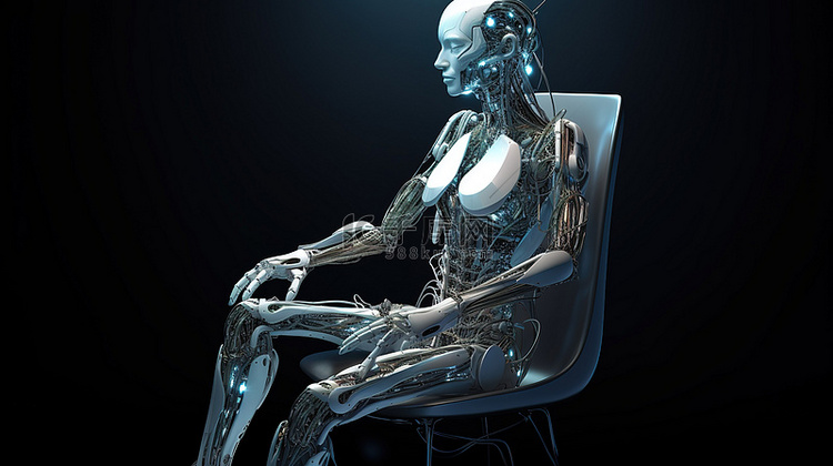 坐在椅子上的机器人女人的 3d