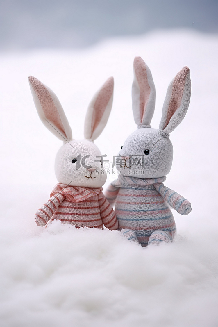 两只兔子坐在雪中