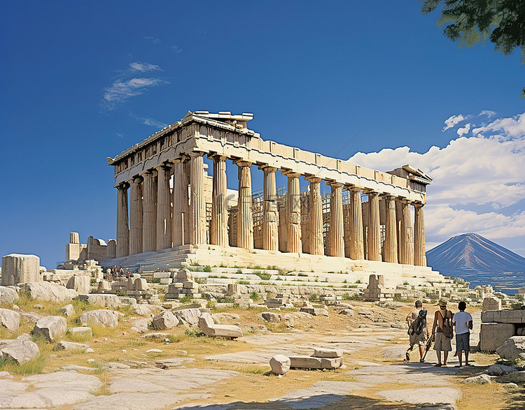 人们站在古希腊雅典的一座寺庙前