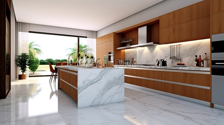现代棕色厨房配有大理石地板和白