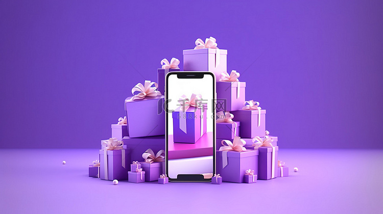 紫色背景礼品盒的 3D 渲染，