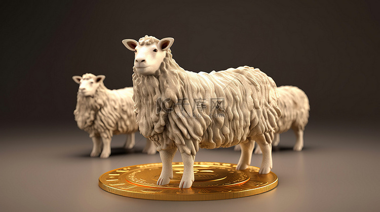 羊和比特币的 3d 插图