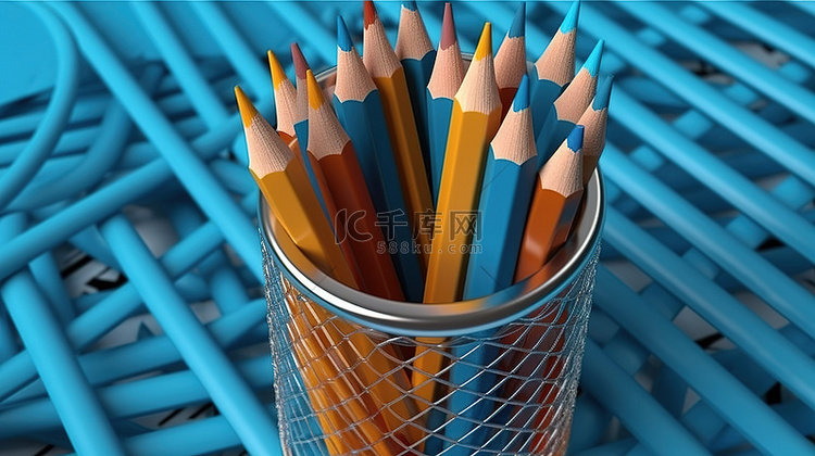 3D 笼子里的文具插图蓝色铅笔