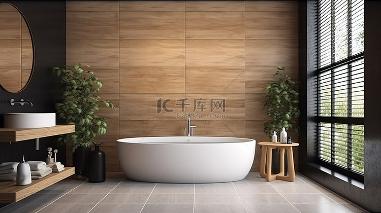浴室设计以木材和瓷砖为特色，在
