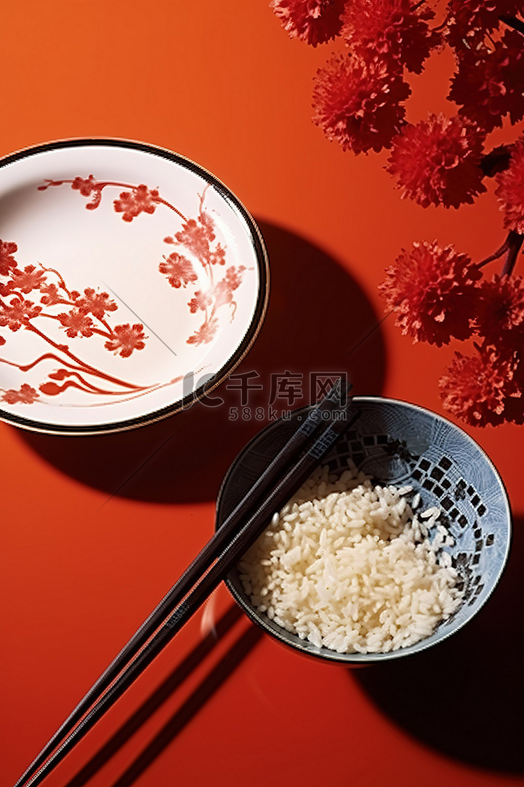 桌子上碗里的筷子和米饭，旁边是