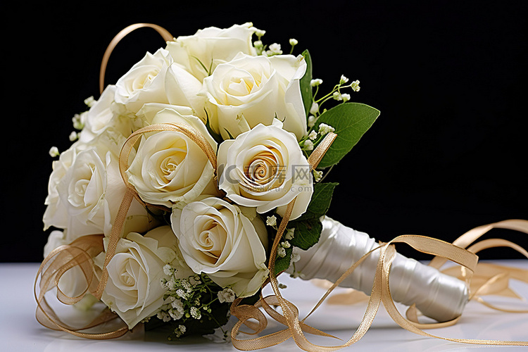 新娘花束中的白玫瑰，带绿丝带