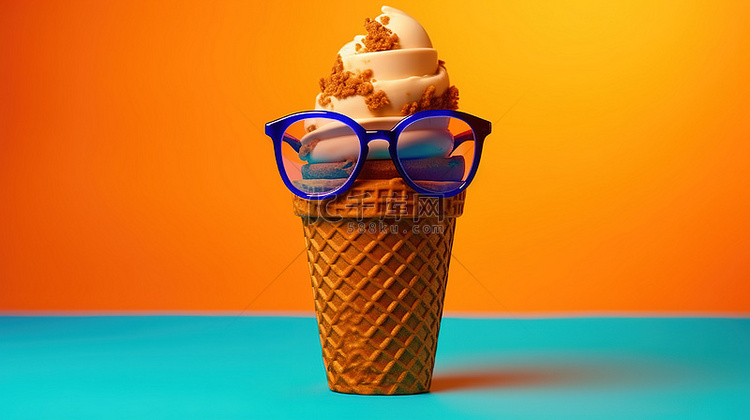 3d 眼镜中的冰淇淋和华夫饼锥