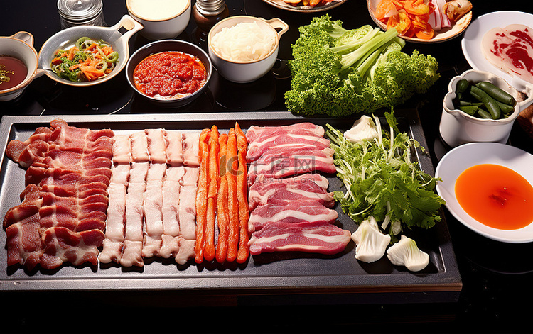 韩国烧烤晚餐摆满了蔬菜的桌子上