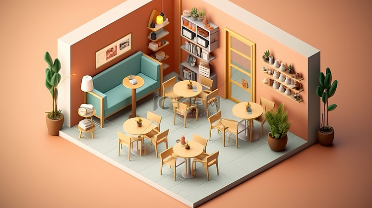 等距 3D 概念中咖啡馆内部的插图
