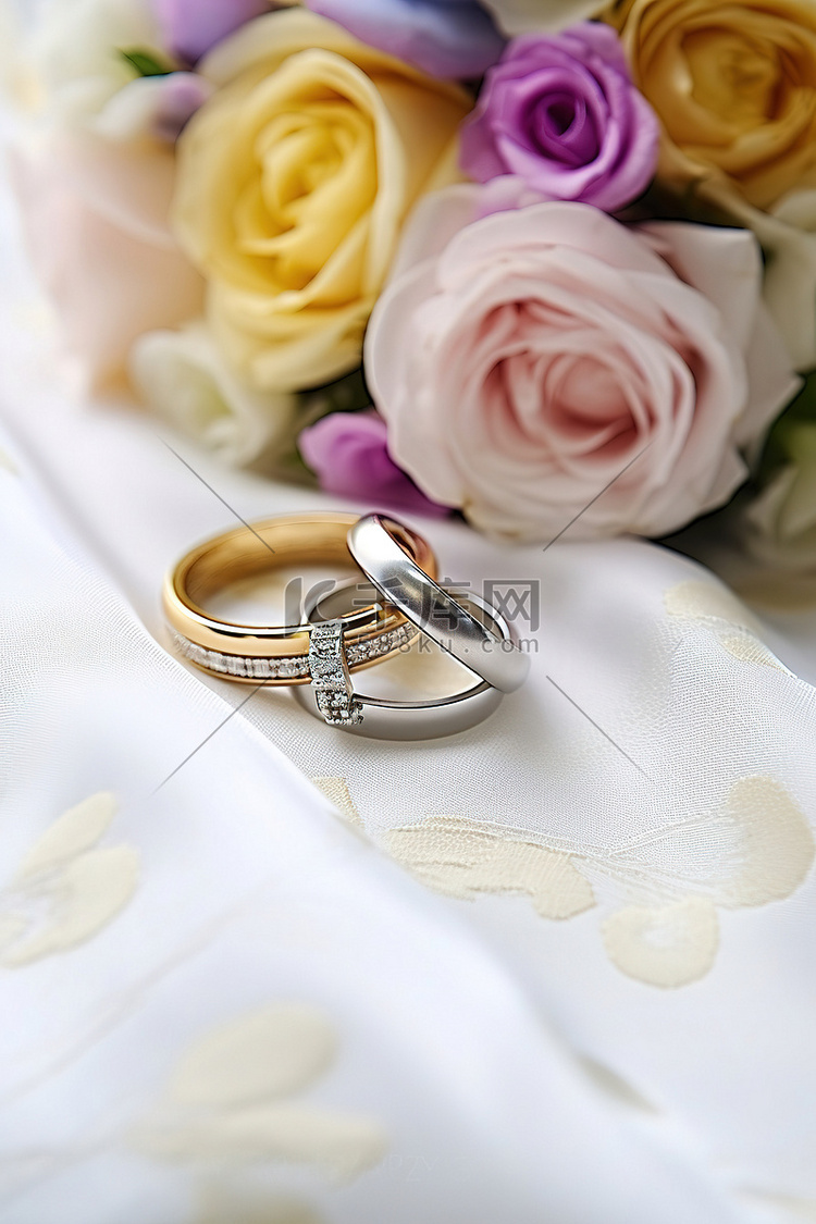 结婚戒指和手帕坐在桌子上的婚纱