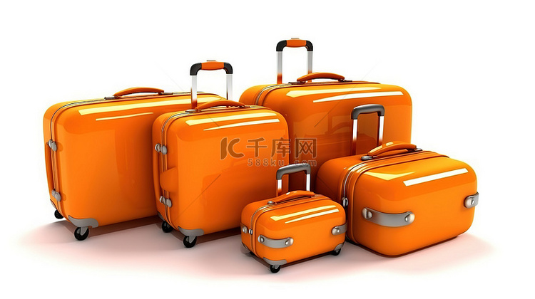 空白画布上的一系列橙色行李箱 