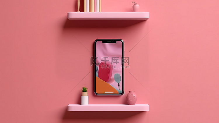 带手机的垂直粉色墙架的 3D 插图