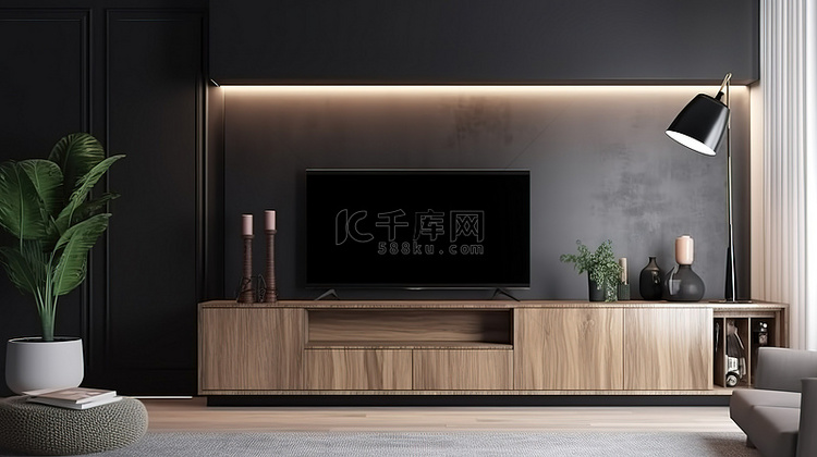 现代客厅配有智能电视柜灯和植物