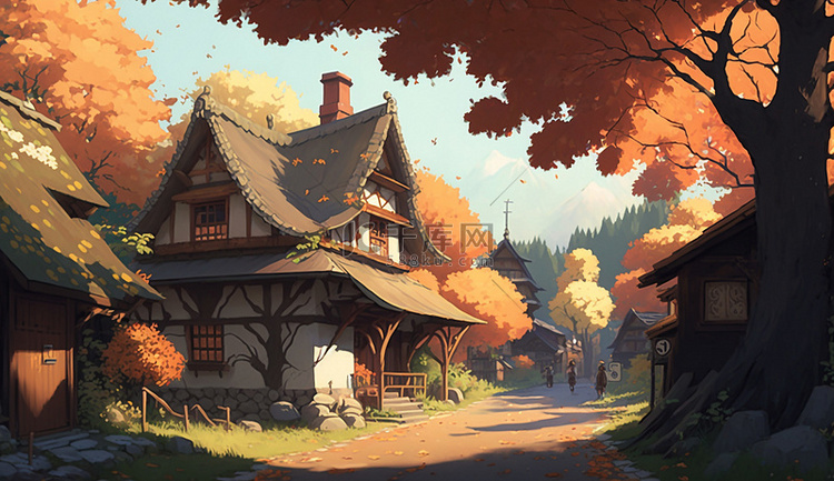 秋天树叶房子插画背景