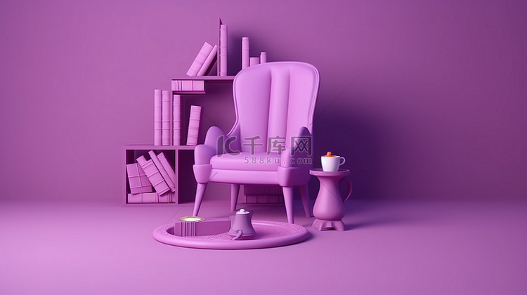 在紫色扶手椅上放松，拿着一本书