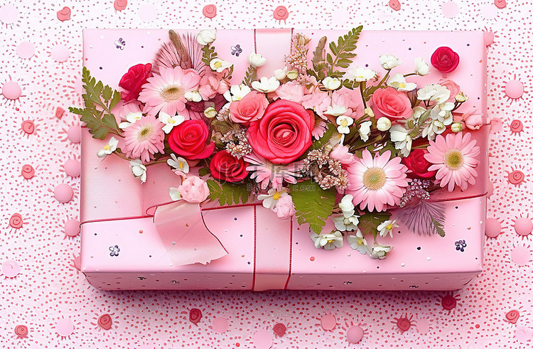 一个粉红色的礼品盒，里面有鲜花