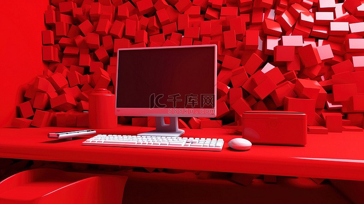 红色办公桌的 3D 渲染，配有