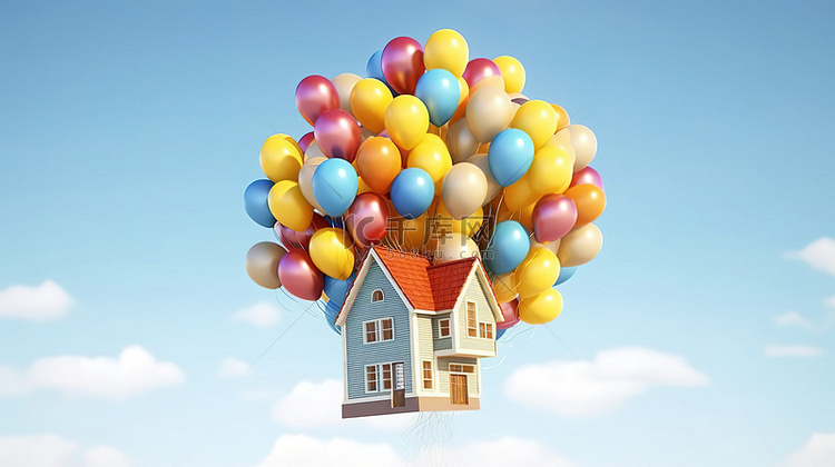 气球升起的孤立房屋的 3D 渲染
