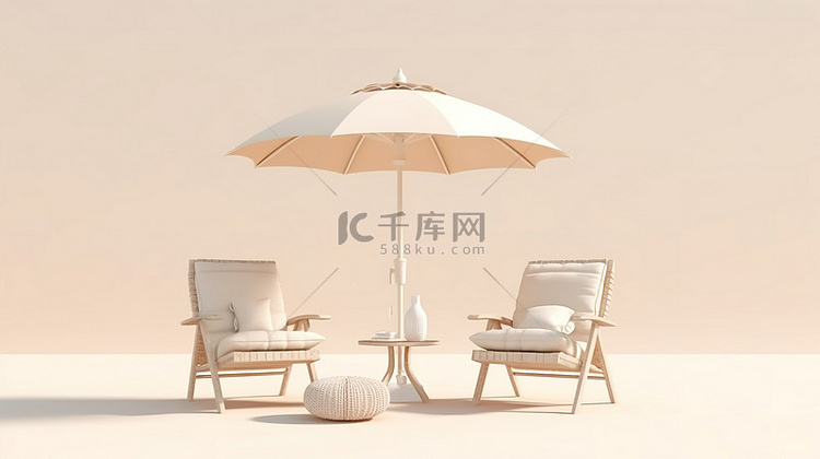 沙滩椅和雨伞的单色柔和奶油色和