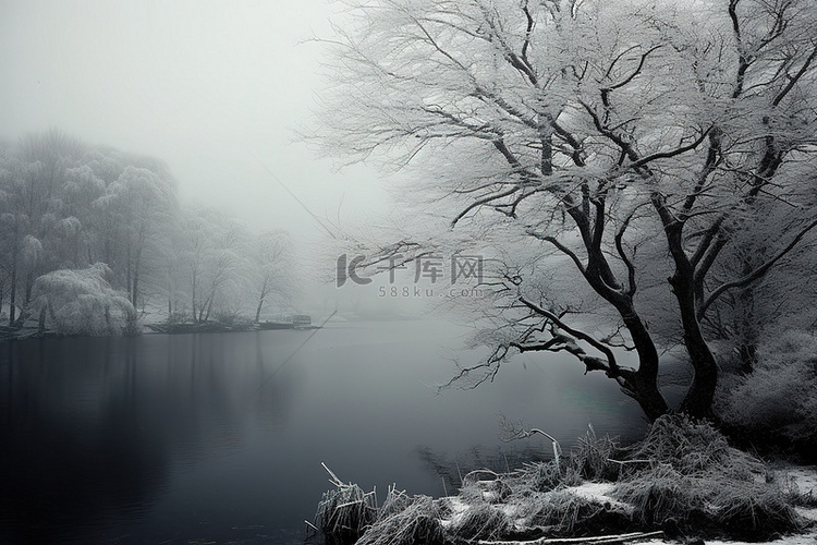 湖边白雪皑皑的树木的图片