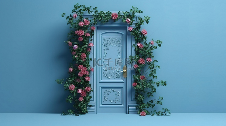 装饰着攀爬玫瑰和蓝色门的蓝色墙