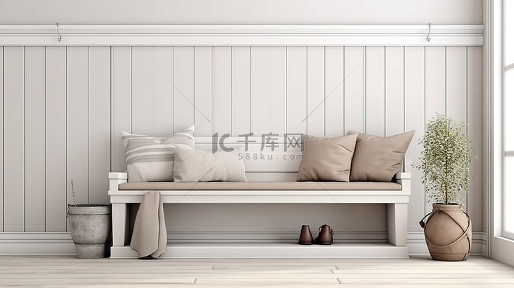 带木凳和白色搭叠墙 3D 渲染