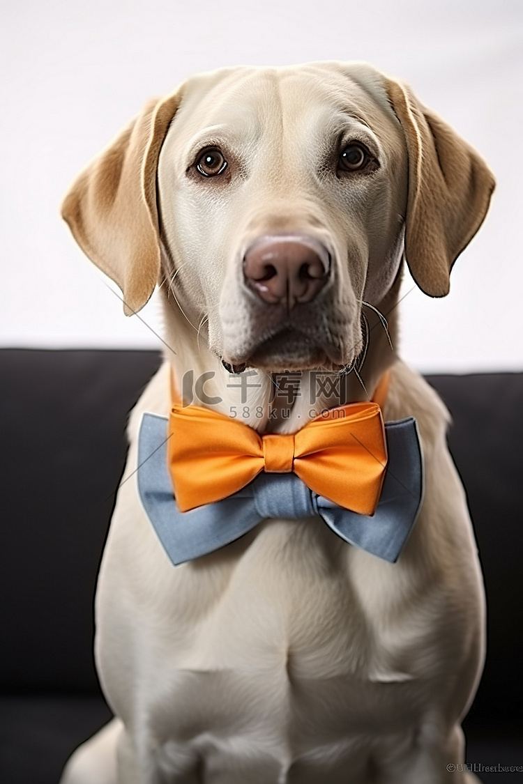 一只黄色拉布拉多犬，穿着蓝色西