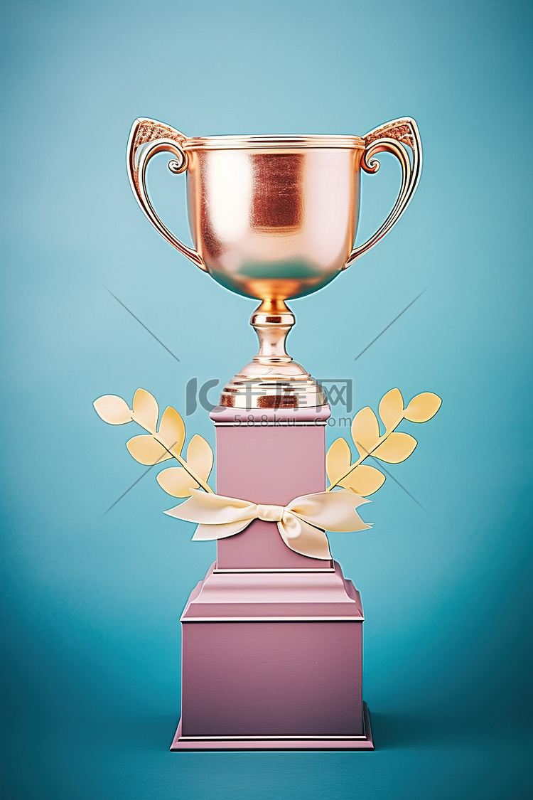 蓝色背景上带有奖项的金色奖杯