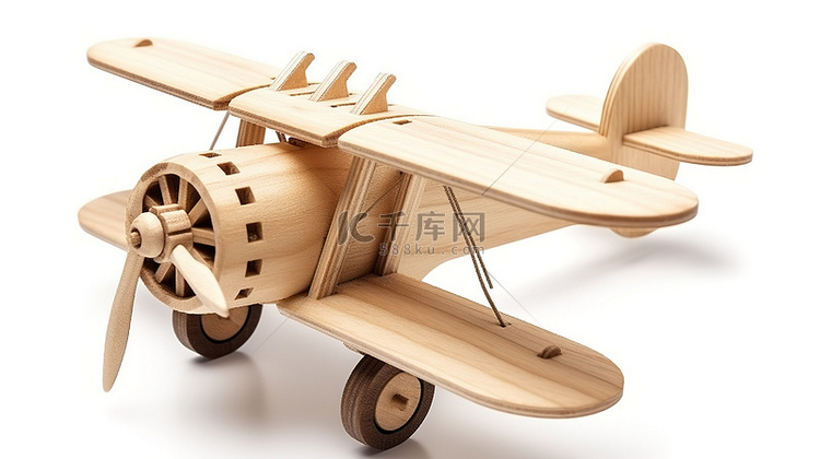 纯白色表面上的 3d 木制飞机玩具
