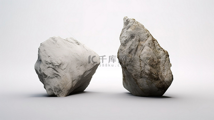 一对真实的岩石单独站立在白色工