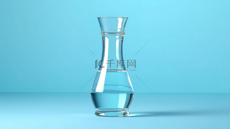 浅蓝色背景上水和玻璃瓶的 3D