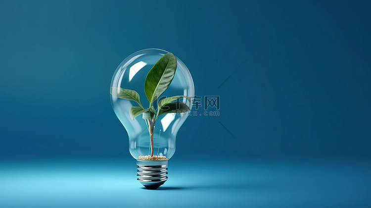 蓝色背景上玻璃灯泡内植物的简约