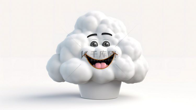 快乐的 3D 卡通云人物，在白