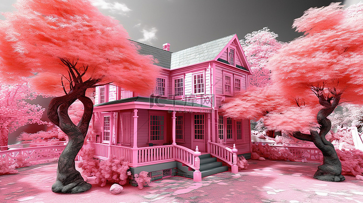 虚拟粉红房子令人惊叹的 3D 体验