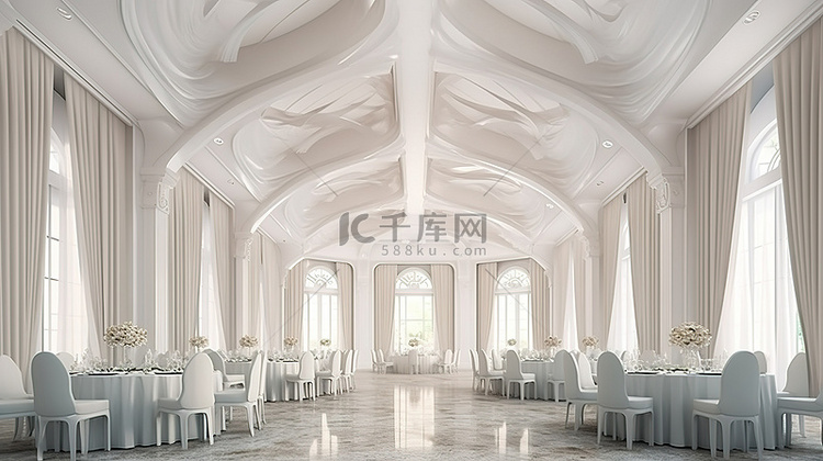 华丽的宴会厅设有白色桌子和优雅