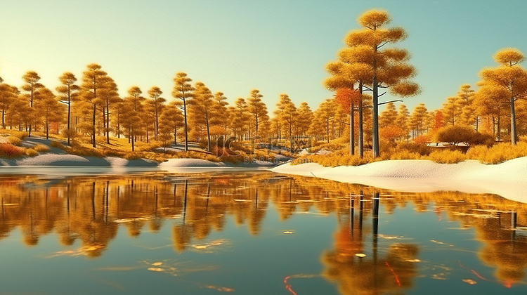 夏季景观 3D 渲染黄色树木和