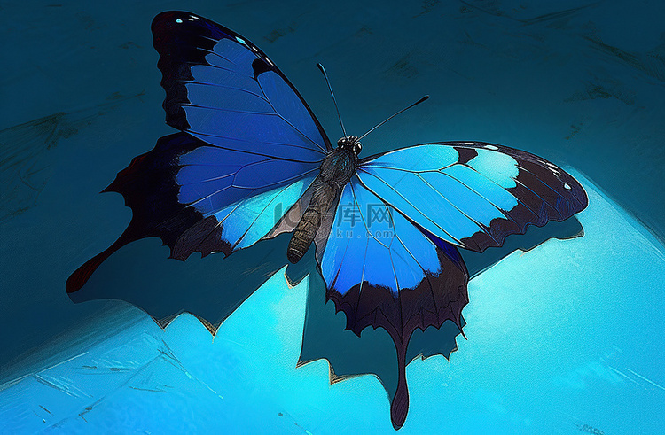 一只蓝色的蝴蝶坐在蓝色的表面上