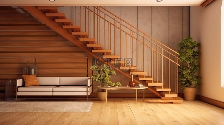 温暖的复古木质客厅，楼梯旁有 