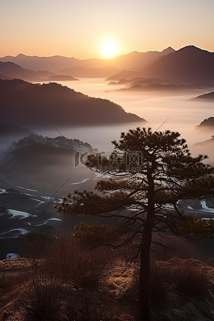 韩国山树顶和山谷的日落