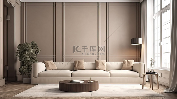 现代客厅 3D 插图宽敞的沙发