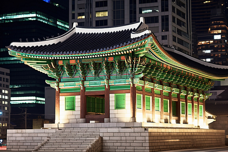 高楼前夜晚装饰的韩国传统建筑