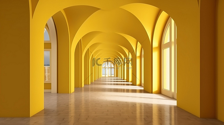 带有黄色拱形墙的空室内空间的 