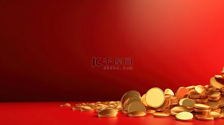 红色背景上的 3D 金币和金锭