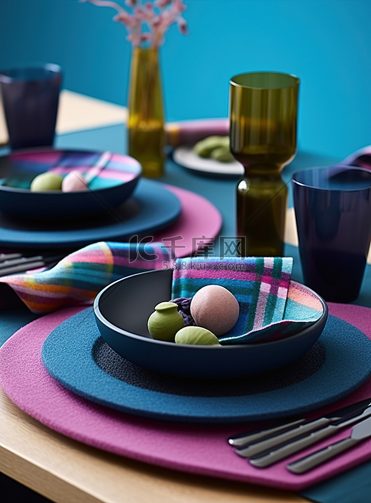 餐桌布置，配有彩色餐巾和盘子