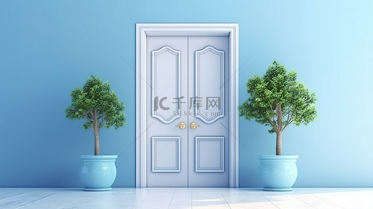 蓝色门窗植物的 3D 渲染，用