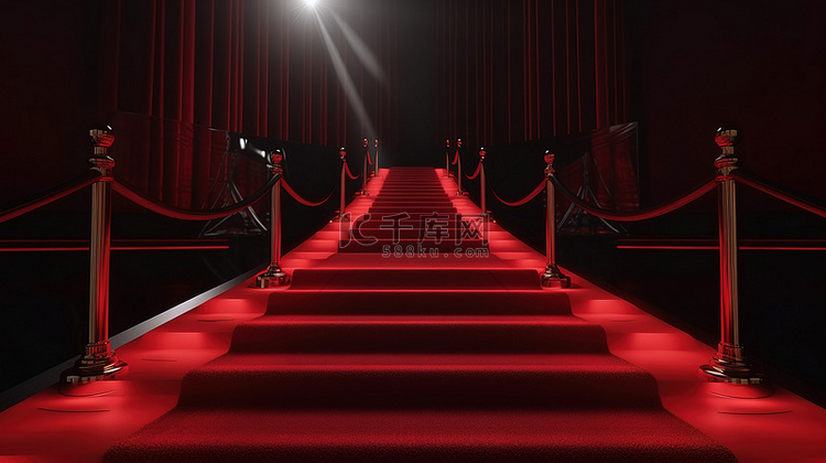楼梯在视线中 3D 渲染红地毯