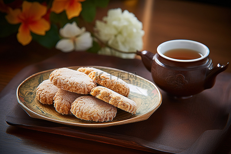 一盘棕色的饼干​​和茶