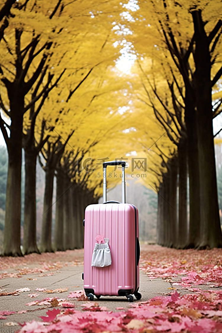 一个带着粉色围巾的行李箱放在树